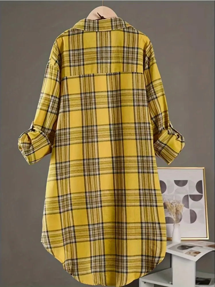 Camisa Algodón Lino Cuadros Plus Size | Holgada Manga Media Largo Midi | Tallas 1XL-5XL | Tico Trendy