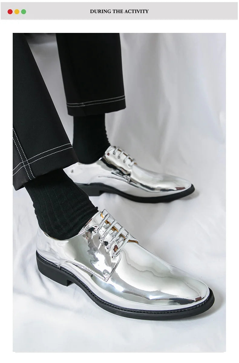 Zapatos Hombre Charol Plateados Lujo Boda Fiesta Punta Puntiaguda | Talla Grande
