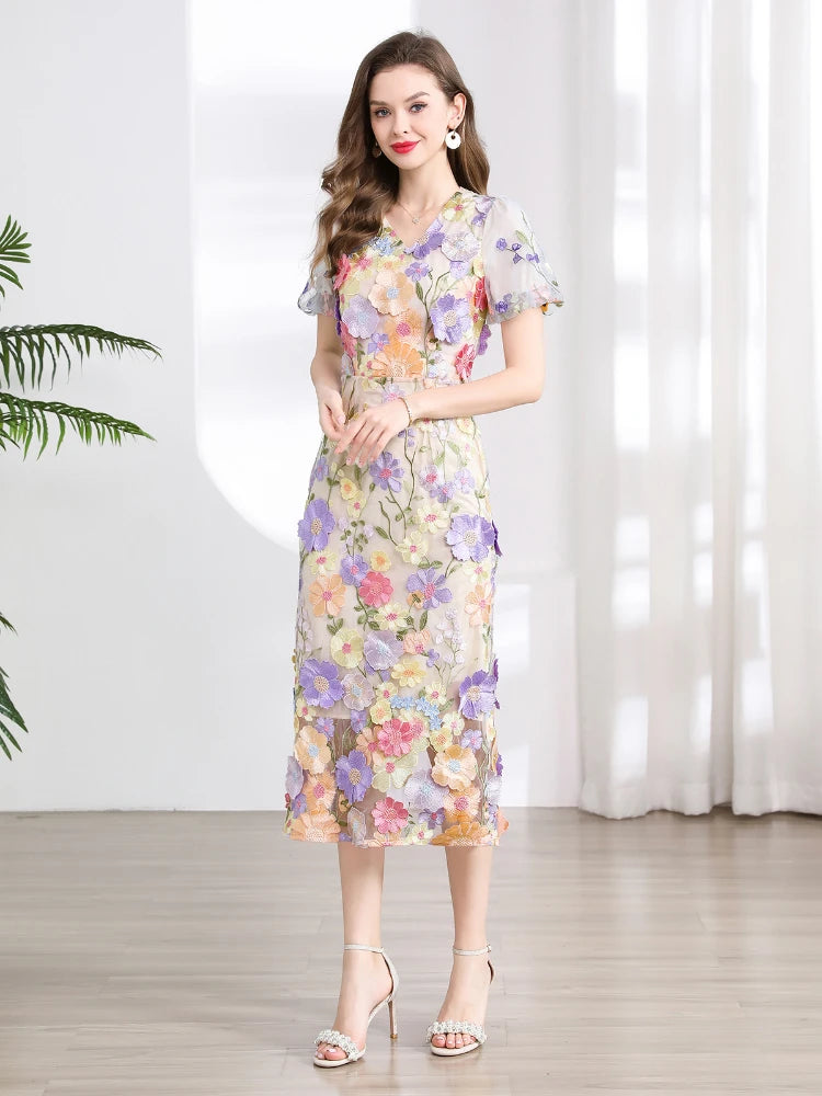 Vestido Fiesta Lujo Bordado Encaje Flores 3D | Cuello V Manga Corta Mitad Pantorrilla