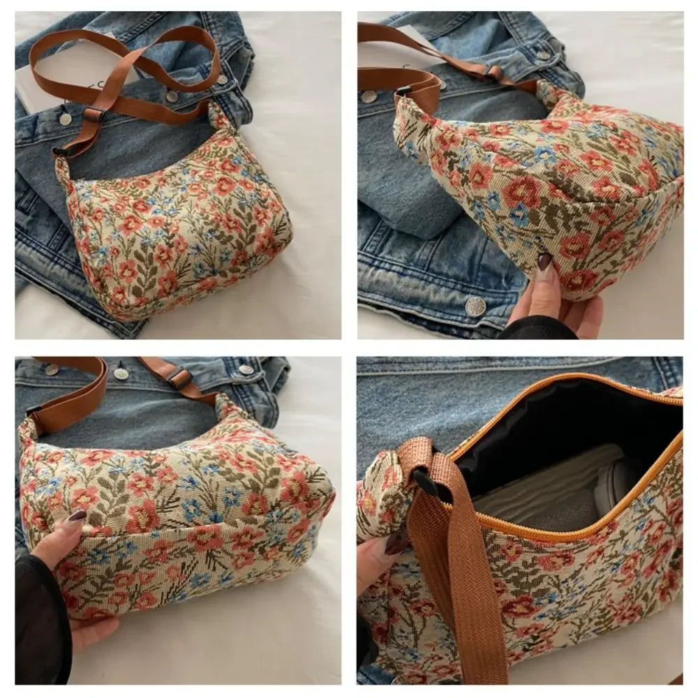 Bolso Bandolera Vintage Media Luna con Estampado Floral y Textura para Mujer