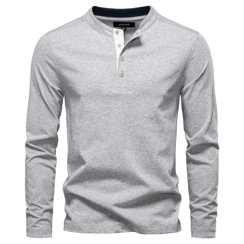 Camiseta Cuello Botón Algodón Hombre | Manga Larga Básica | Tallas S-XXL | Tico Trendy