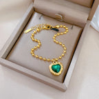 Pulsera Dijes Corazón Cristal Verde | Acero Inox. Vintage Elegante | Regalo Amigos | Ticotrendy