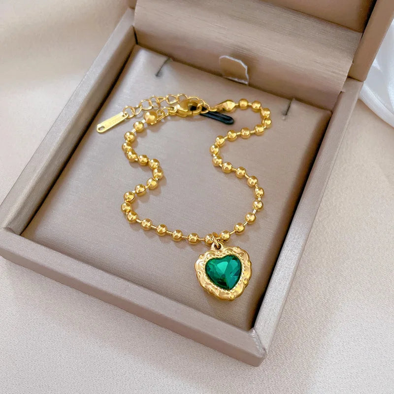 Pulseras con dijes de corazón de amor de cristal verde Vintage de acero inoxidable para mujer, accesorios de mano elegantes, regalos para amigos