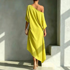 Vestido Maxi Fruncido Asimétrico Hombros Descubiertos