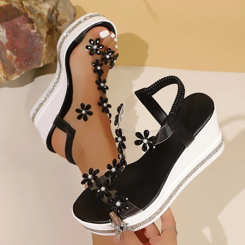 Sandalias de Mujer | Plataforma y Tacón Alto | Flores y Diamantes de Imitación