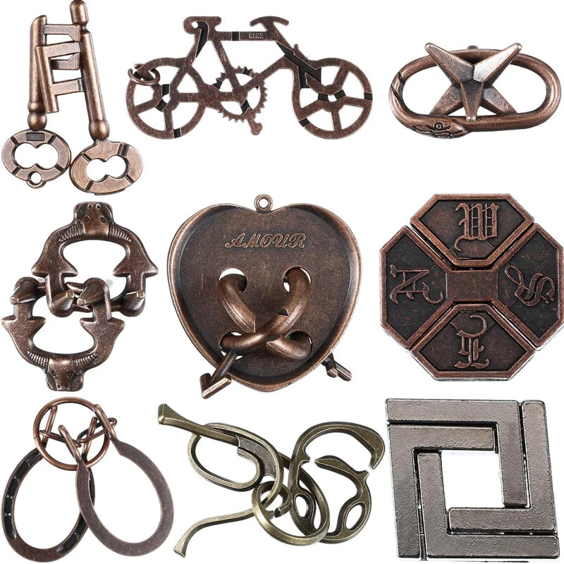 Rompecabezas de Metal para niños y adultos, juguetes educativos intelectuales, desbloqueo, prueba IQ, trucos de magia, regalos novedosos, 9 Uds.