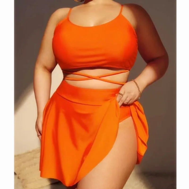 Bikini de 3 Piezas Talla Grande | Falda Cintura Alta | Color Sólido