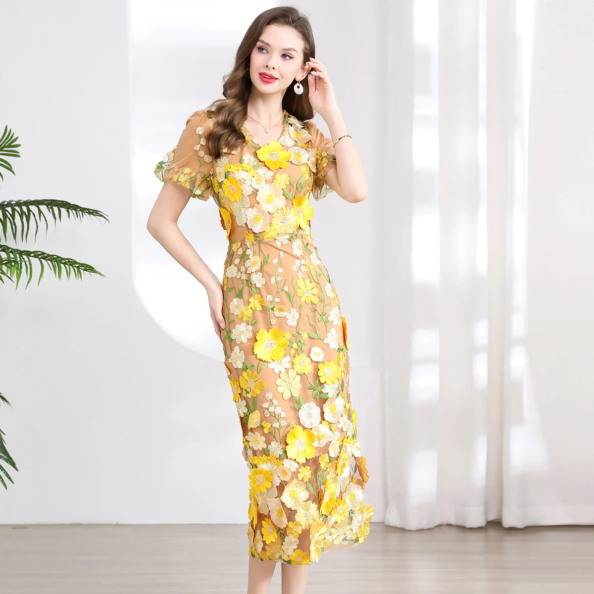 Vestido Fiesta Lujo Bordado Encaje Flores 3D | Cuello V Manga Corta Mitad Pantorrilla