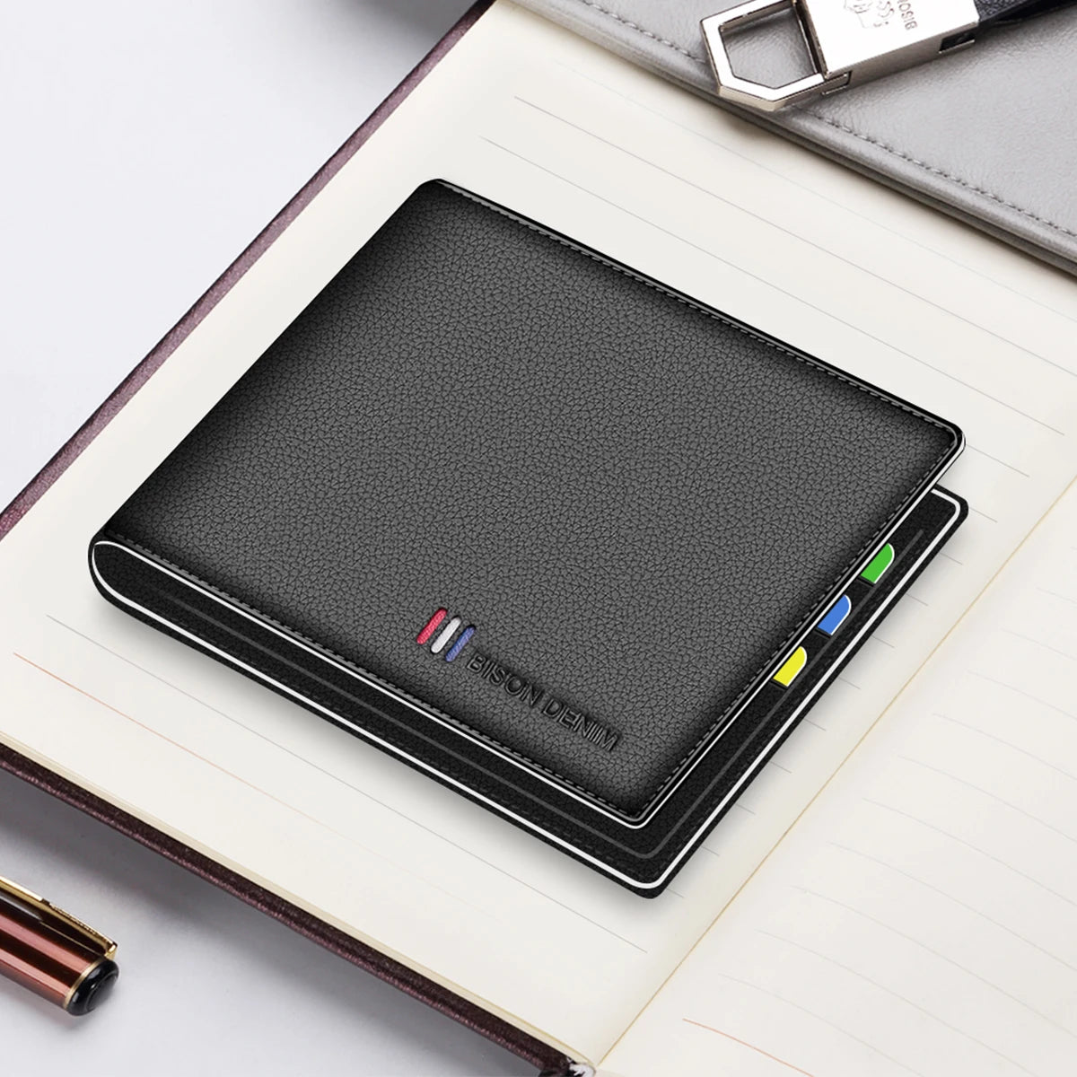 BISON DENIM-billetera de cuero genuino para hombre, monedero pequeño con bloqueo RFID, tarjetero plegable, regalo Ideal para padre y novio