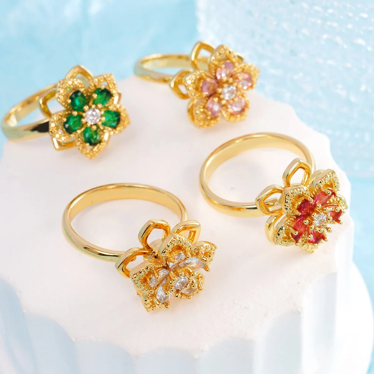 Anillos de cobre abiertos ajustables con circonita de flor giratoria Simple para mujeres y niñas, accesorios de fiesta diarios, regalos