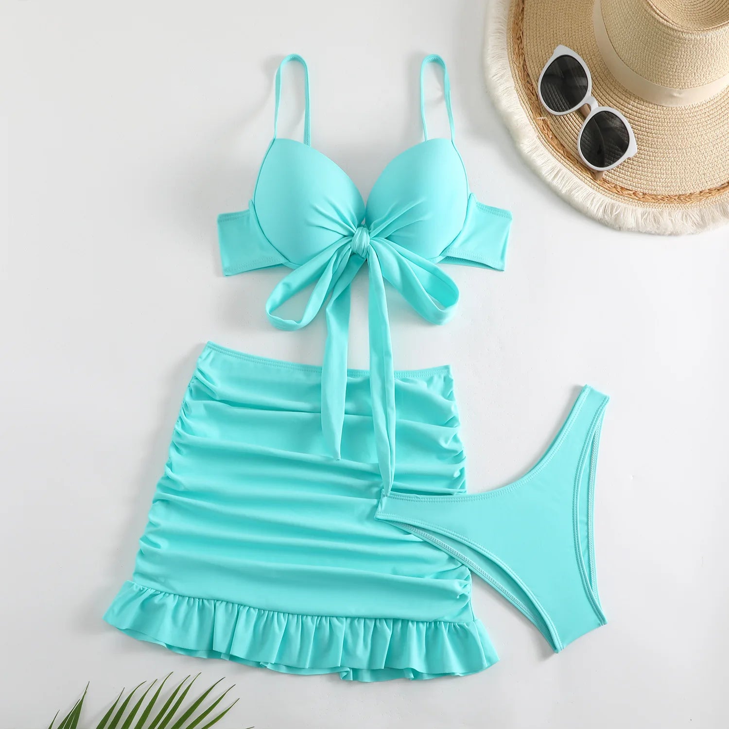 Conjunto de Bikini 3 Piezas con Falda - Top con Nudo y Bottom de Tiro Alto