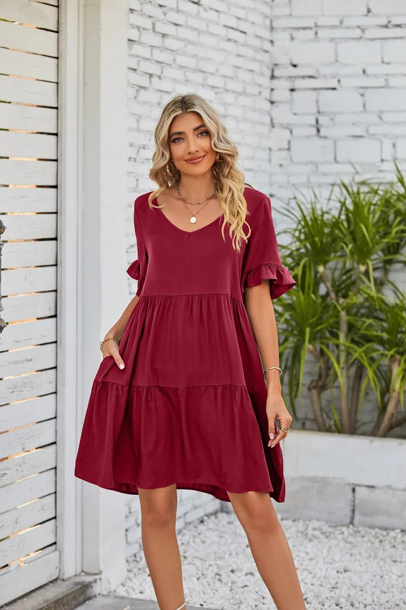 Vestido Midi de Playa | Algodón Liso Cuello V | Mangas Cortas con Volantes | Tico Trendy