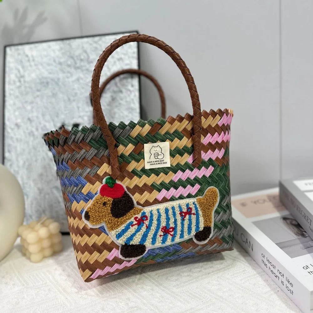Bolso Tejido de Gran Capacidad con Diseño de Perro Salchicha y Asa de Bambú