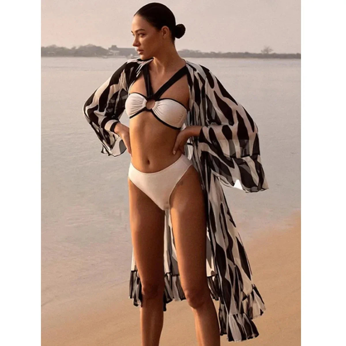 Conjunto de Bikini de Gasa de 3 Piezas - Traje de Baño Divisado para Playa