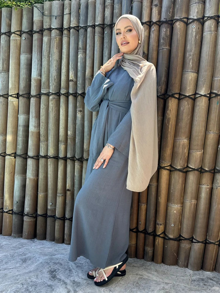 Vestido Bandage de lino y algodón Eid para mujer, vestido de fiesta Abaya musulmán, caftán árabe de Dubái, Turquía, Marruecos, vestido islámico
