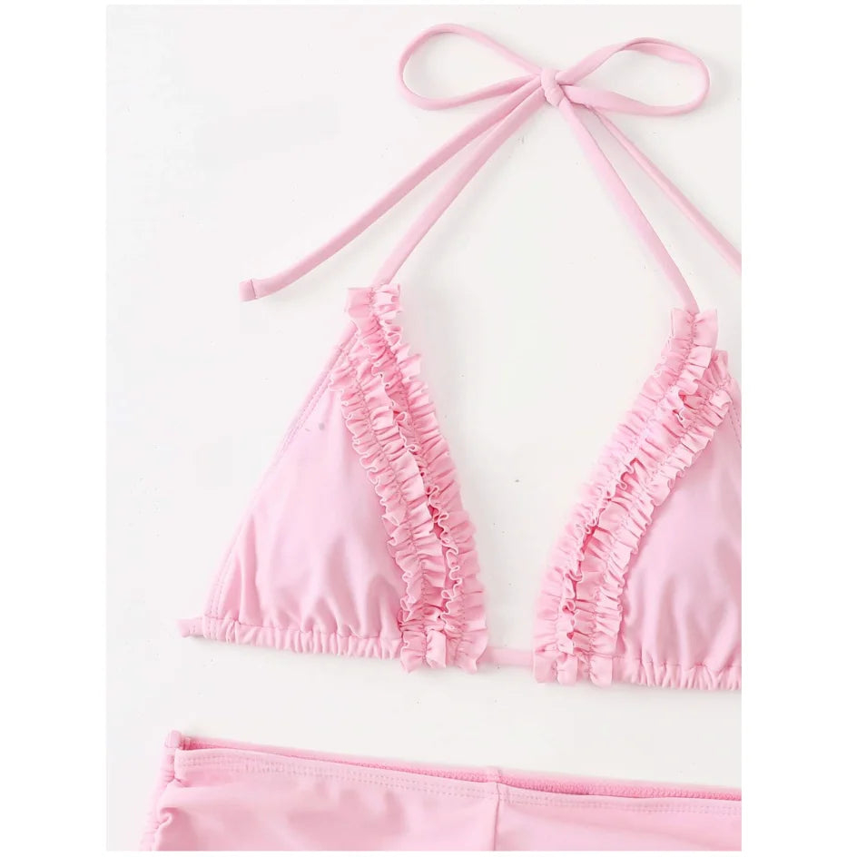 Bikini Triangular con Volantes y Cordón Halter - Microbikini de Verano