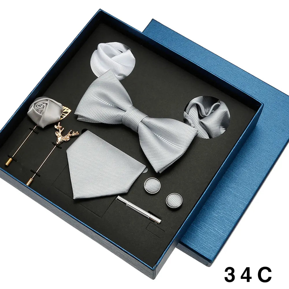 Set de Lujo Corbata Pajarita Pañuelo Gemelos Estilo Tico Elegante
