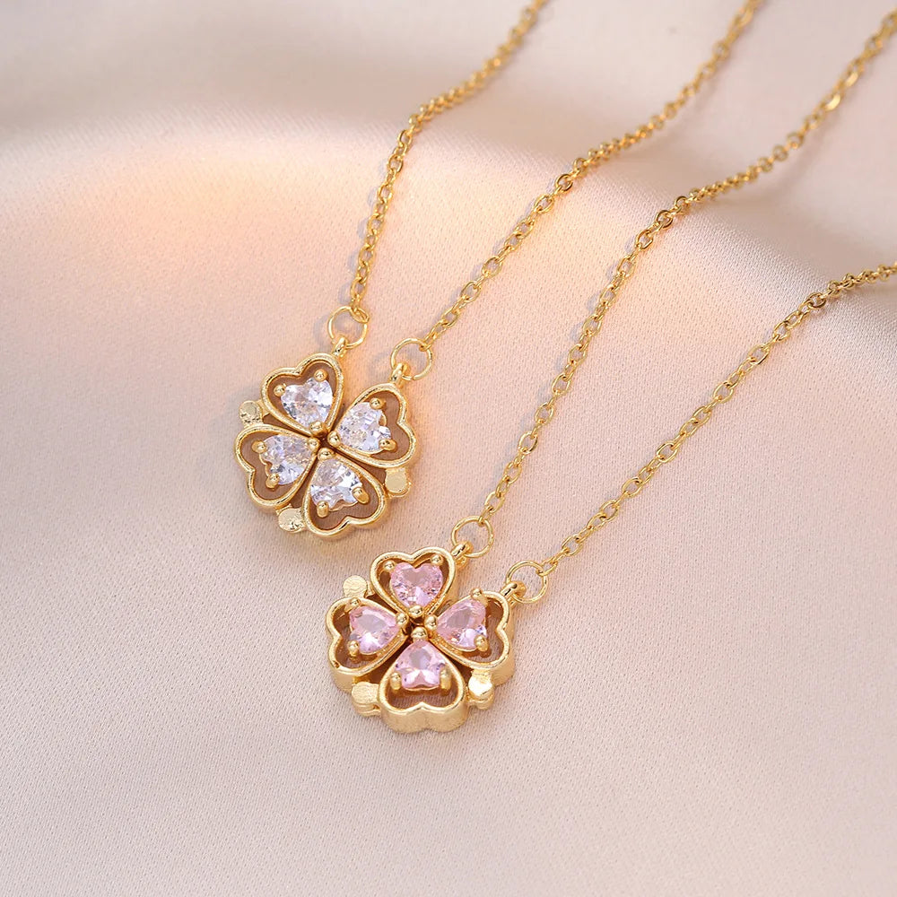Collar Trébol Circón Magnético | Acero Inoxidable | Joyería Femenina