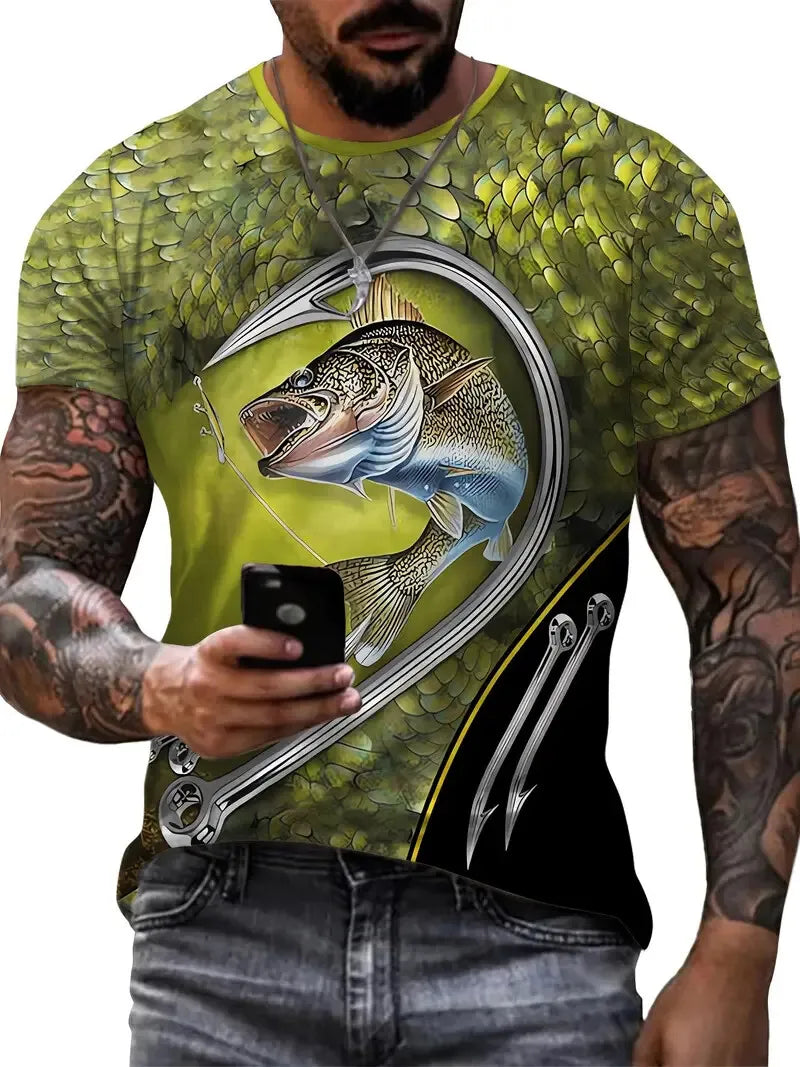 Camiseta Hombre Vintage Estampado Gráfico Peces | Manga Corta Secado Rápido