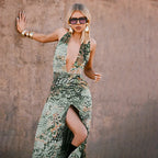 Vestido largo elegante con estampado abstracto para mujer, falda larga dividida con escote en V profundo y espalda descubierta, vestido informal de estilo francés a la moda de verano