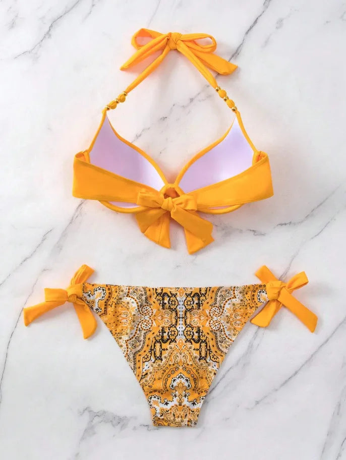 Bikini de Neón con Lazo Lateral y Estampado de Cachemira Push Up