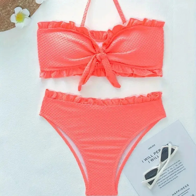 Bikini Bandeau con Volantes de Color Sólido - Conjunto de Dos Piezas