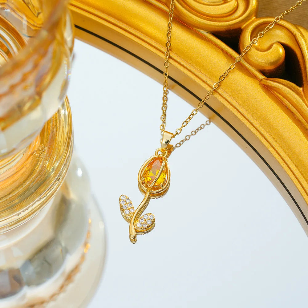 Collares con colgante de tulipán de circón colorido para mujeres y niñas, cadena de acero inoxidable, accesorios de joyería románticos de moda, regalos