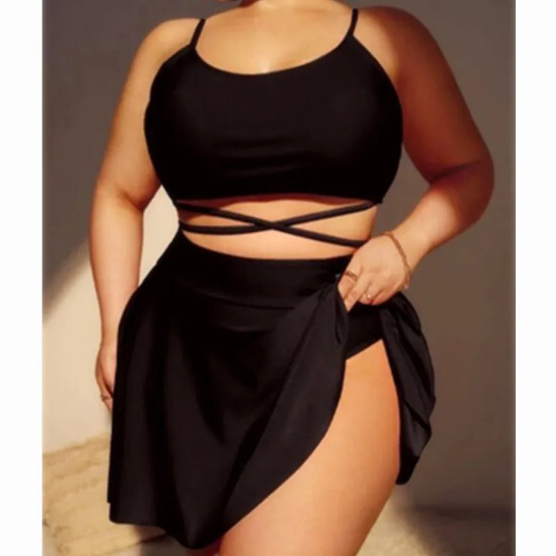 Bikini de 3 Piezas Talla Grande | Falda Cintura Alta | Color Sólido