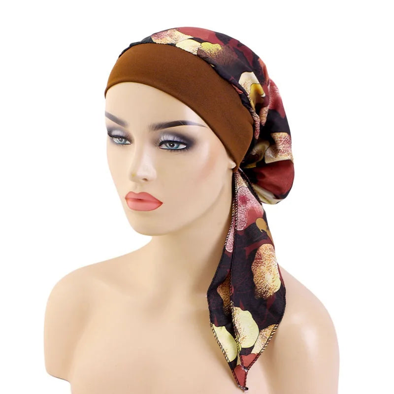 Nuevo pañuelo para la cabeza con estampado satinado para mujer, turbante musulmán elástico preatado, gorro para dormir para quimioterapia, cubierta para la pérdida de cabello, pañuelo para la cabeza