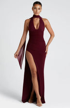 Vestido Maxi Halter Sexy Club Cuello V Profundo | Abertura Muslo Ajuste Delgado