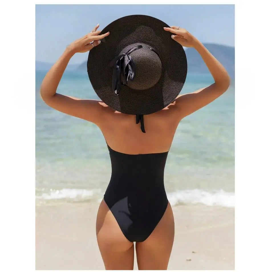 Traje de Baño de Una Pieza Halter - Ribete en Contraste y Diseño Ahuecado
