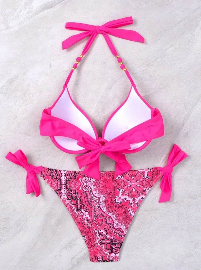 Bikini de Neón con Lazo Lateral y Estampado de Cachemira Push Up