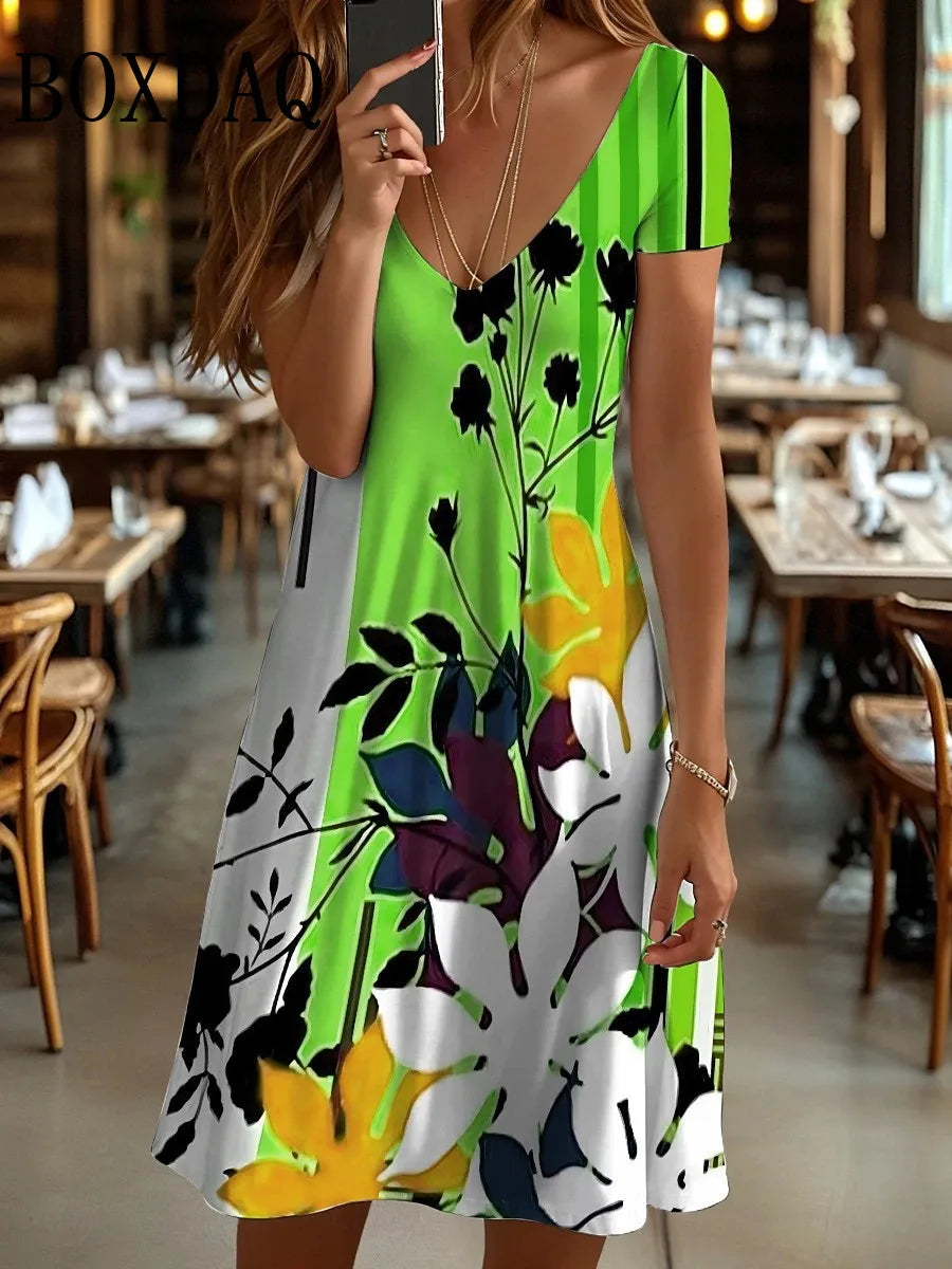 Vestido Midi Retro con Estampado 3D Flores | Manga Corta y Cuello V | Holgado Talla Grande | Tico Trendy
