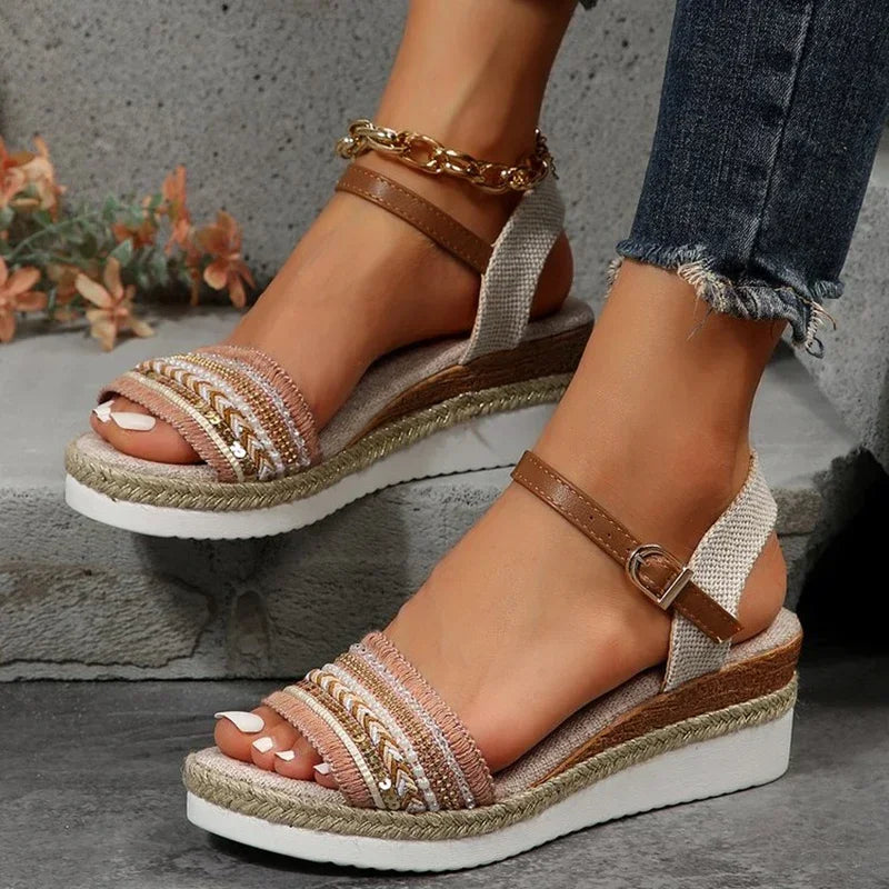 Sandalias Plataforma Cuña Vintage Flecos Cáñamo | Calzado Casual Estilo Moderno
