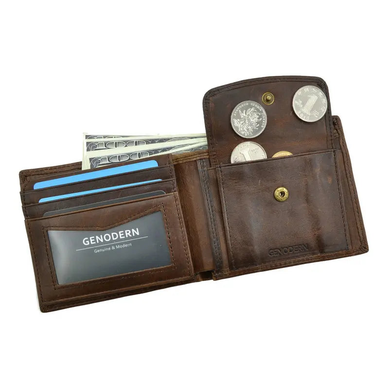 GENODERN-billeteras de cuero de vaca con bolsillo para monedas para hombre, monedero masculino Vintage, bloqueo RFID, Cartera de cuero genuino con tarjeteros