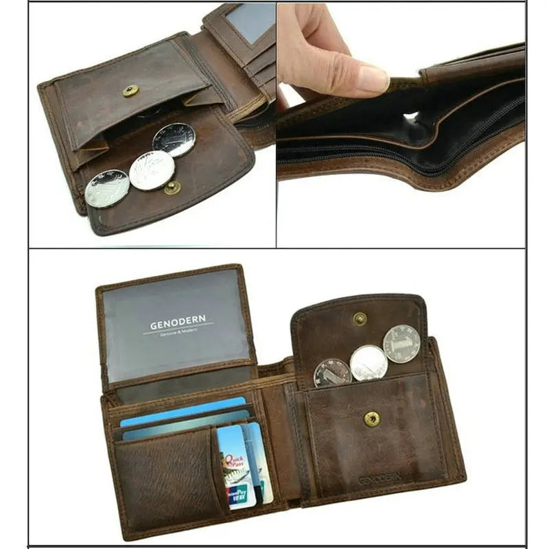 GENODERN-billeteras de cuero de vaca con bolsillo para monedas para hombre, monedero masculino Vintage, bloqueo RFID, Cartera de cuero genuino con tarjeteros