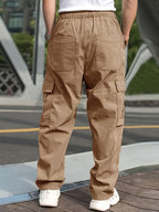 Men'S Casual Cargo Pants - Loose Fit, Straight Leg, Multi-Pocket Design, Drawstring Waist, Polyester Fabric, Ideal for Spring & Fall Workouts, Casual Wear Pants|Loose Fit Pants|Polyester Pants