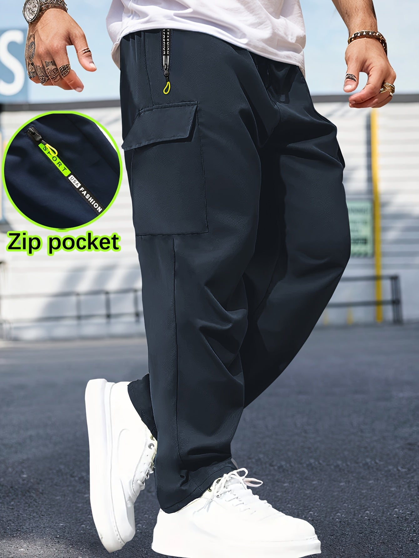 Men'S Casual Cargo Pants with Zipper Pockets - Black, Drawstring Waist, Lightweight, Non-Stretch Fabric, Perfect for Spring & Fall Outdoor Activities, Casual Attire, and Everyday Use, Casual Outdoor Pants | Sporty Style Pants