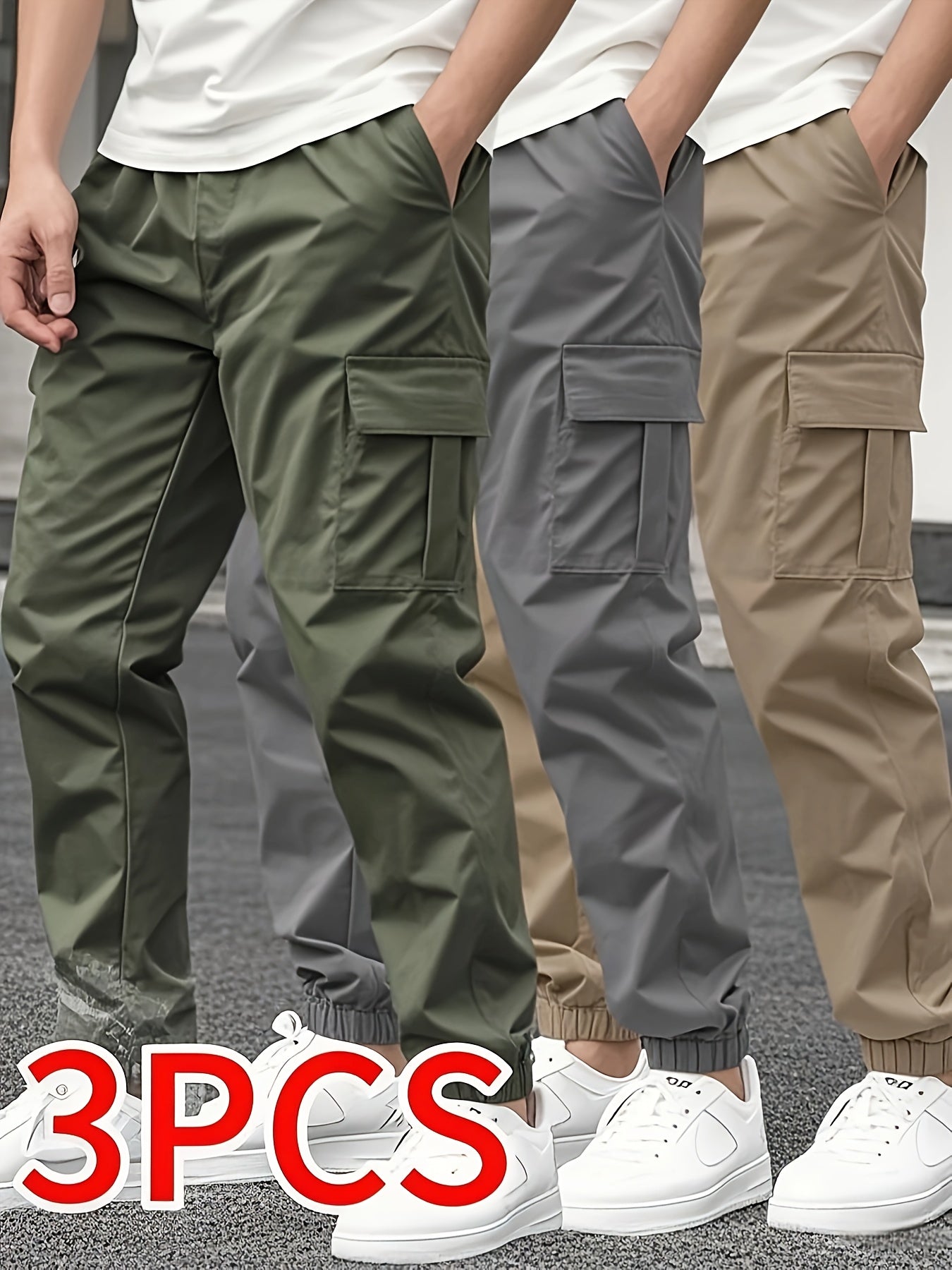 3pcs Men'S Casual Solid Color Joggers - Multiple Flap Pockets, Drawstring Waist, Polyester, Outdoor Work Pants, Jogging Pants