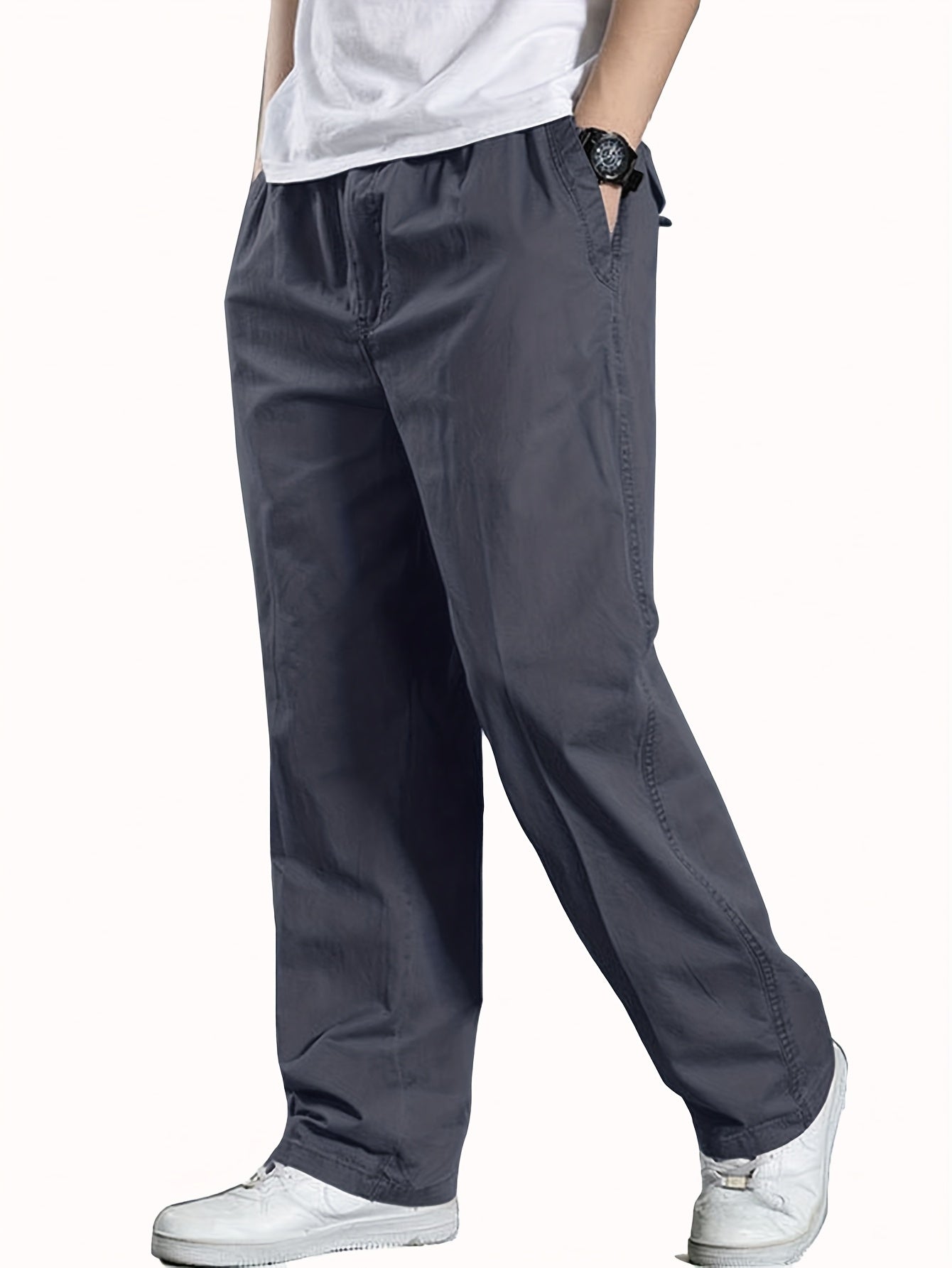 Men's Heavy-Duty 100% Cotton Work Pants - Relaxed Fit Cargo Pants with Elastic Drawstring Waist, Solid Black Casual Workwear for Construction, Everyday & Formal Events - Machine Washable Spring/Fall Trousers, Classic Solid Co