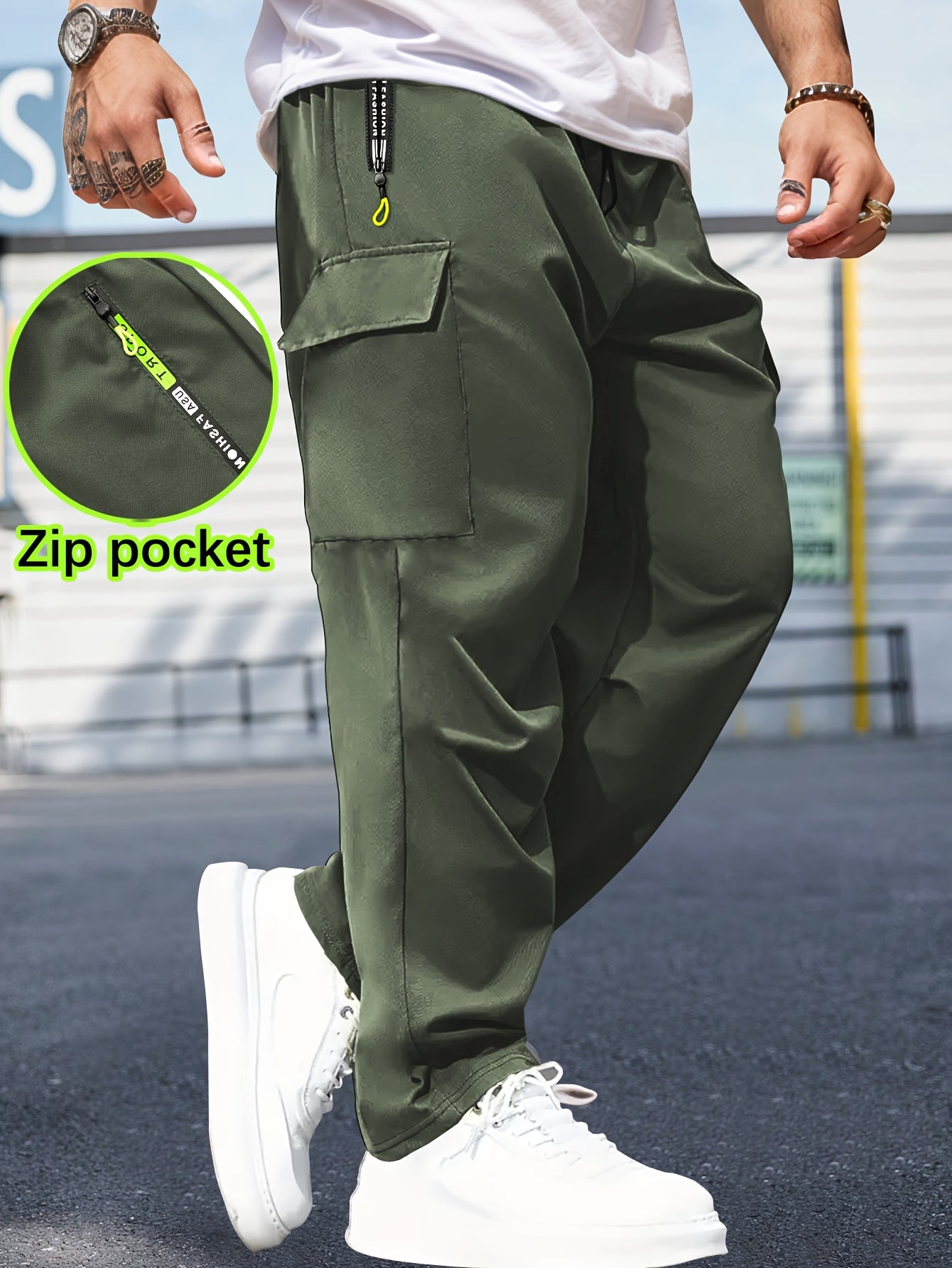 Men'S Casual Cargo Pants with Zipper Pockets - Black, Drawstring Waist, Lightweight, Non-Stretch Fabric, Perfect for Spring & Fall Outdoor Activities, Casual Attire, and Everyday Use, Casual Outdoor Pants | Sporty Style Pants