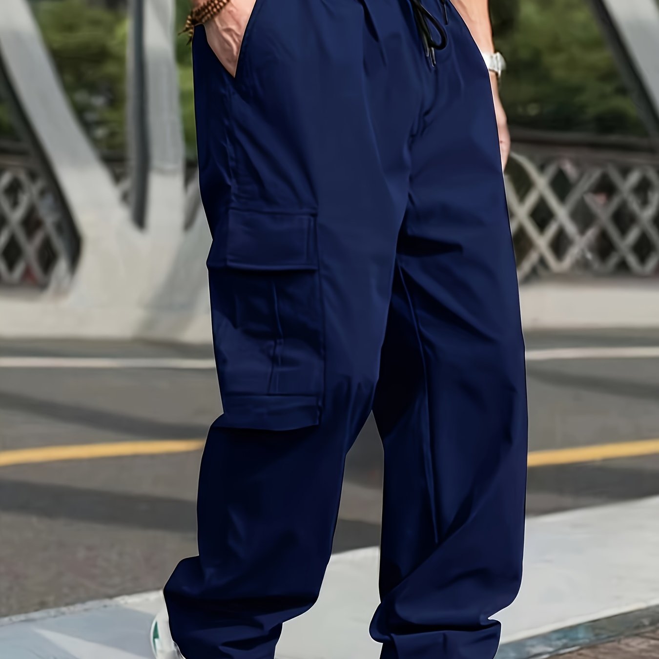 Men'S Casual Cargo Pants - Loose Fit, Straight Leg, Multi-Pocket Design, Drawstring Waist, Polyester Fabric, Ideal for Spring & Fall Workouts, Casual Wear Pants|Loose Fit Pants|Polyester Pants