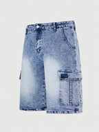 Jeans Cortos Hombre Elásticos | Corte Regular, Múltiples Bolsillos | Vaquero Azul Lavado