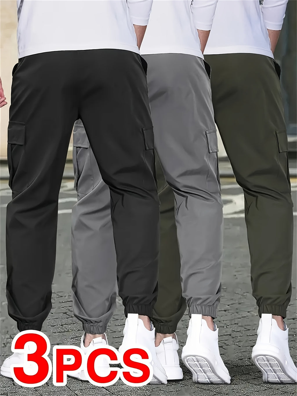3pcs Men'S Casual Solid Color Joggers - Multiple Flap Pockets, Drawstring Waist, Polyester, Outdoor Work Pants, Jogging Pants