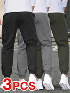 3pcs Men'S Casual Solid Color Joggers - Multiple Flap Pockets, Drawstring Waist, Polyester, Outdoor Work Pants, Jogging Pants