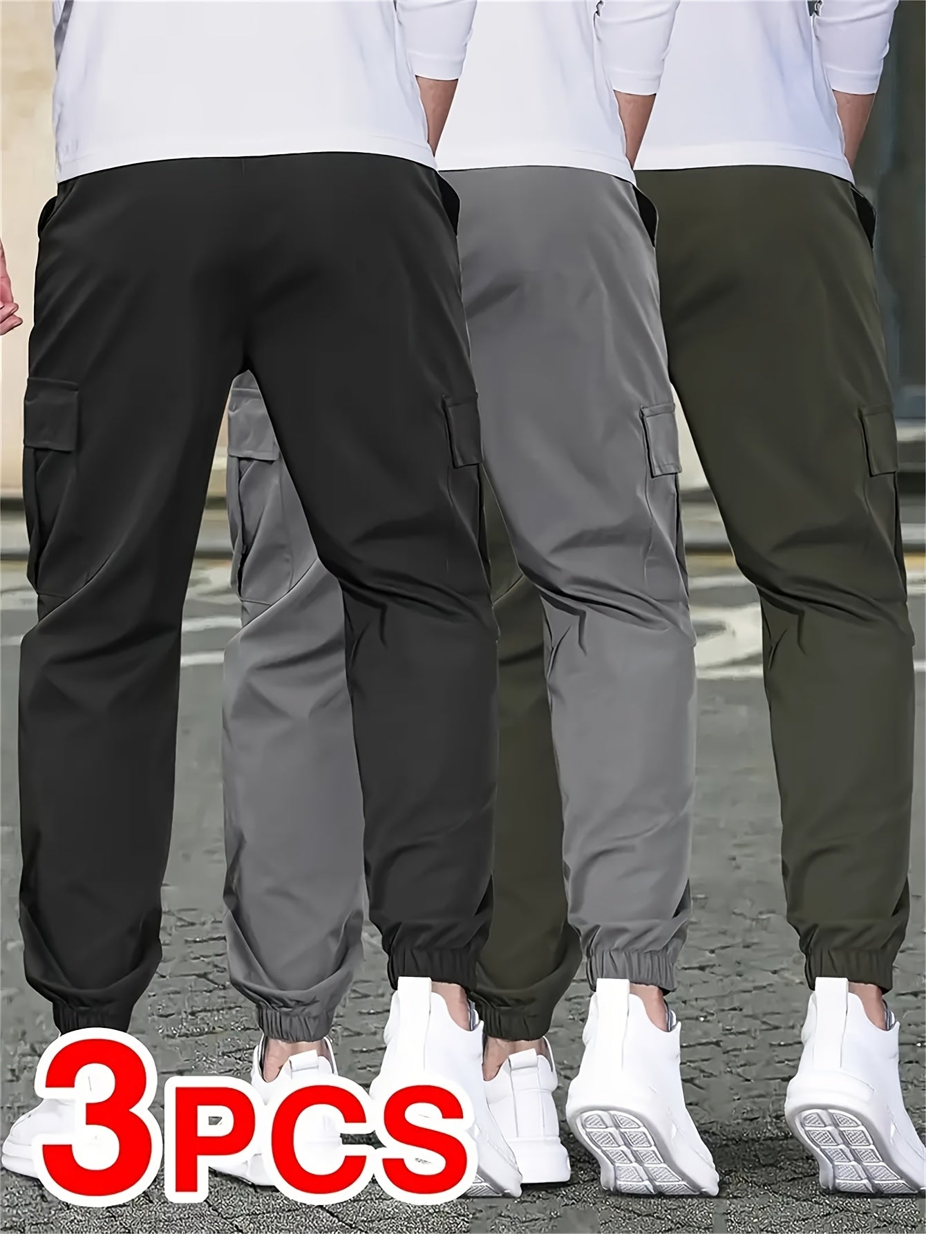 3pcs Men'S Casual Solid Color Joggers - Multiple Flap Pockets, Drawstring Waist, Polyester, Outdoor Work Pants, Jogging Pants