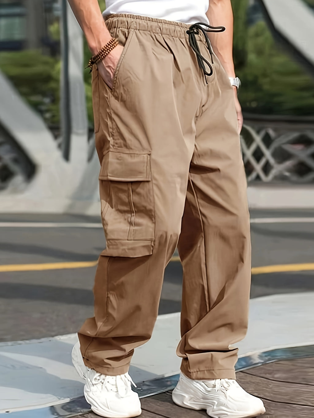 Men's Olive Green Cargo Pants - Lightweight Twill Fabric with Side Pockets, Adjustable Drawstring Waist | Casual Street Style Jogging Gear for All Seasons, Jogging Pants