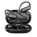 Audífonos inalámbricos deportivos de TicoTrendy con ganchos de sujeción para ejercicio, color negro con textura de madera y estuche de carga con pantalla digital LED.