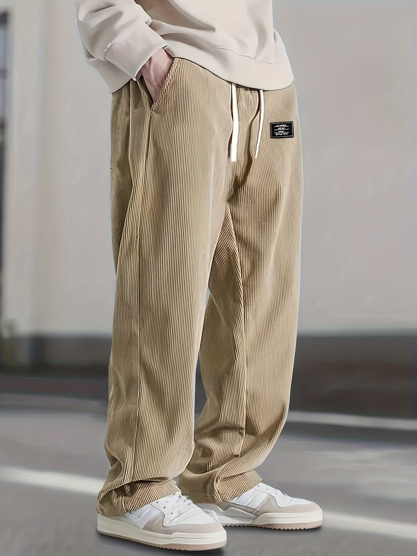 Men's corduroy casual pants, stylish and loose wide-leg pants, straight-cut sport pants, elastic waist drawstring baggy sweatpants for men sweatpants baggy