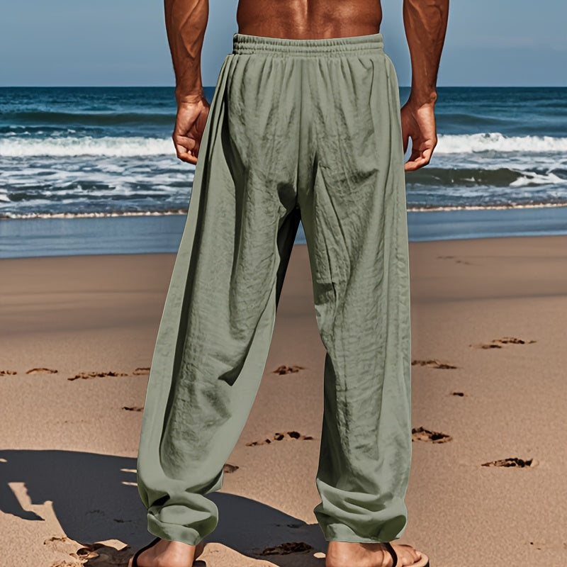 Men's Casual Linen Pants | Relaxed Fit with Drawstring Waist | 95% Linen, 5% Polyester | Breathable & Stylish for Indoor Gatherings, Outdoor Activities, and Golf | All-Season Wear | Beige Color, Versatile Clothing | Minimalis